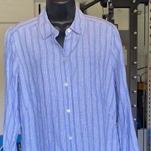 J. JILL Love Linen Blue Stripe Shirt Dress Coat Long Roll-Tab Sleeve Size Small
